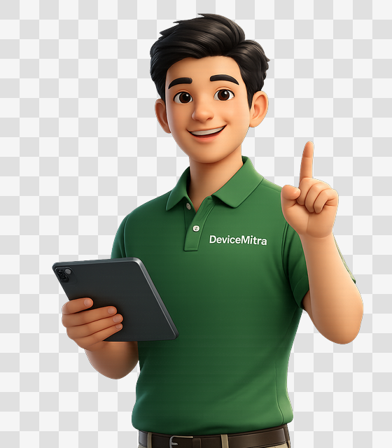 DeviceMitra guide character holding a tablet